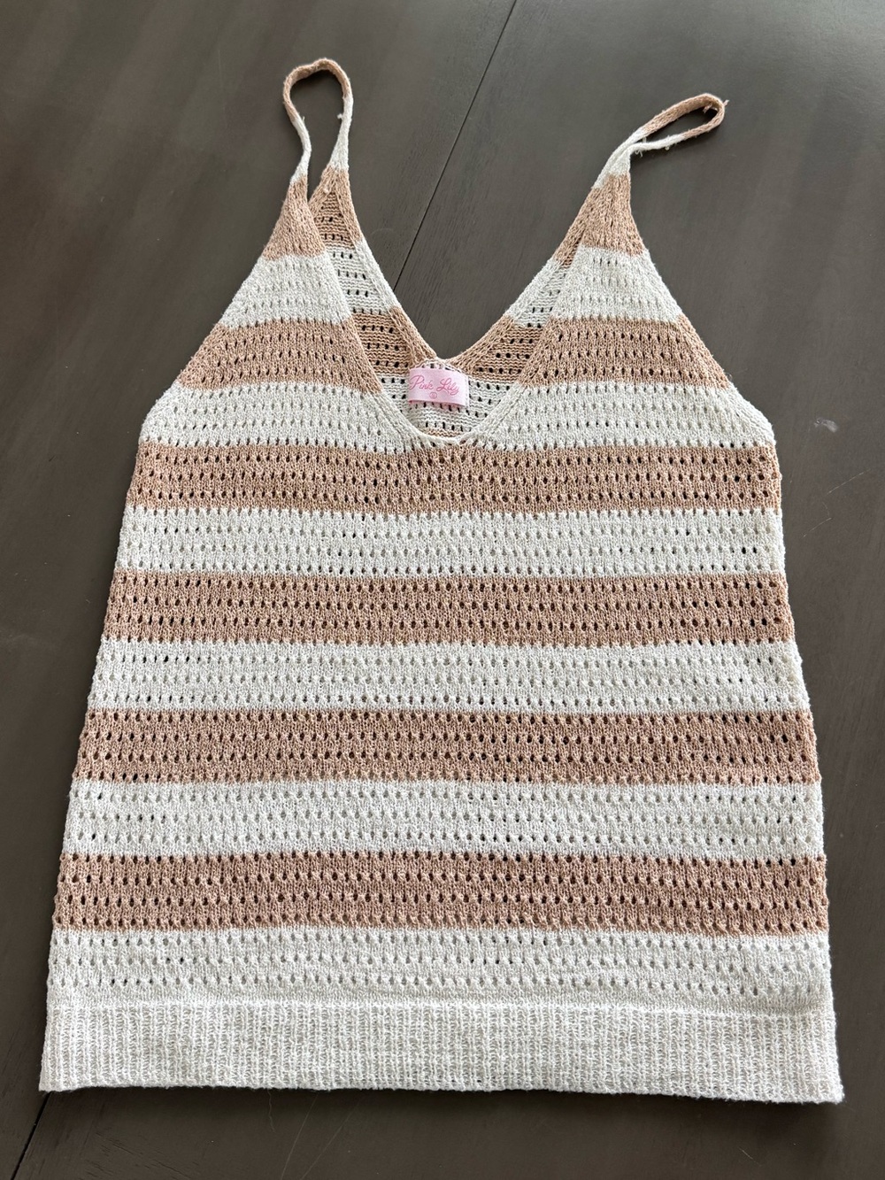 Pink Lily Cream and Tan Striped Crochet Tank Top